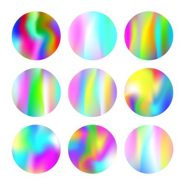 Holografik soyut arkaplanlar ayarlandı. Gradyan örgülü sıvı holografik arkaplan. 90 'lar, 80' ler modası. Broşür, el ilanı, poster, duvar kağıdı, mobil ekran için Pearlescent grafik şablonu.