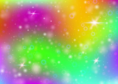 Gökkuşağı örgülü holografik arkaplan. Prenses renklerinde mistik evren bayrağı. Hologramla fantezi gradyanı. Peri ışıltıları, yıldızlar ve bulanık arkaplanlı holografik tek boynuzlu at.