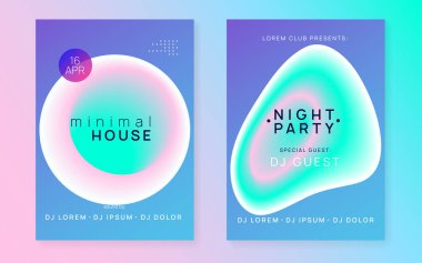 Müzik broşürü seti. Elektronik ses. Gece dansı yaşam tarzı tatili. Akışkan holografik gradyan şekil ve çizgi. Dalgalı elektro parti davetiye tasarımı. Yaz festivali ve müzik broşürü posteri..