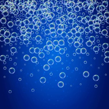 Yağmurda şampuan köpüğü ve parlak mavi arka planda gerçekçi su kabarcıkları. Banyo ve duş için sıvı sabun köpüğü temizliyorum. Şampuan gökkuşağı kabarcıkları. Yüzme havuzu broşürü ve davetiyesi.