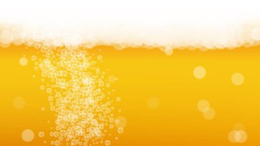 Gerçekçi köpüklü bira köpüğü arka planı. Bar ve bar tasarımı için serin sıvı içecek, afişler ve afişler. Sarı yatay bira köpüklü arka plan. Bira fabrikası tasarımı için bir bardak taze bira..