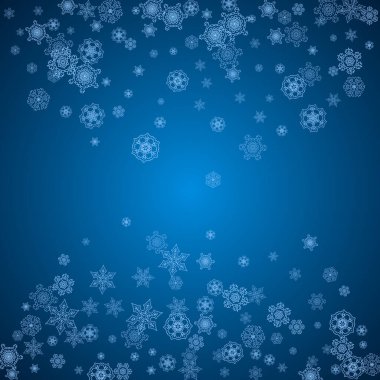 Mavi arka planda parıltılı yeni yıl kar taneleri. Kış teması. Noel ve yeni yıl kar taneleri yağıyor. Sezon satışları, özel teklifler, afişler, kartlar, parti davetiyeleri, broşürler. Beyaz buz gibi kar