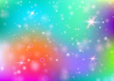 Gökkuşağı örgülü sihirli bir arka plan. Prenses renklerinde renkli evren bayrağı. Hologramla fantezi gradyanı. Peri parıltıları, yıldızlar ve bulanıklıklarla holografik büyü arka planı.