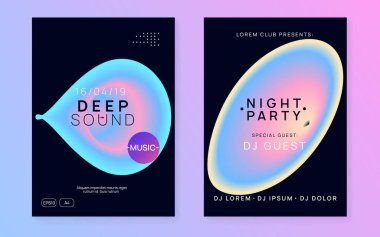Müzik broşürü seti. Akışkan holografik gradyan şekil ve çizgi. Elektronik ses. Gece dansı yaşam tarzı tatili. Yaratıcı disko olay broşürü tasarımı. Yaz festivali ve müzik broşürü posteri..