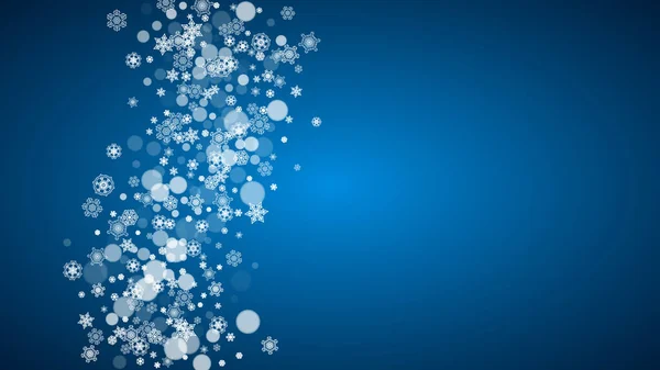 Sněhové Vločky Padající Modré Pozadí Vánoční Novoroční Horizontální Téma Frosty — Stockový vektor