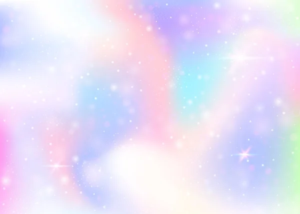 レインボーメッシュのユニコーンの背景 プリンセスカラーのかわいい宇宙バナー ホログラムでファンタジーグラデーションの背景 魔法の輝きとホログラフィックユニコーンの背景 星とぼかし — ストックベクタ
