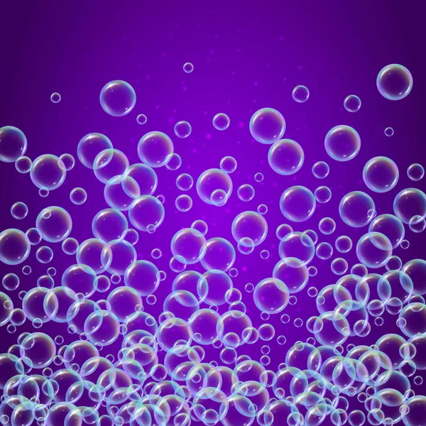 Shampoo Schaum Schweben Mit Realistischen Wasserblasen Auf Violettem Hintergrund Reinigungsseifenschaum — Stockvektor