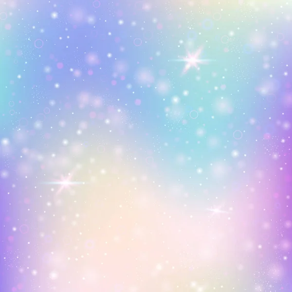 虹のメッシュと妖精の背景 プリンセスカラーのガーリー宇宙バナー ホログラムでファンタジーグラデーションの背景 魔法の輝きとホログラフィック妖精の背景 星とぼかし — ストックベクタ
