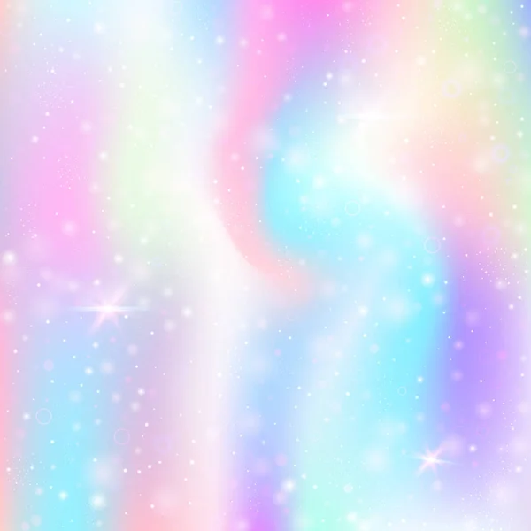 虹色のメッシュで魔法の背景 プリンセスカラーのトレンディな宇宙バナー ホログラムでファンタジーグラデーションの背景 妖精の輝きとホログラフィックな魔法の背景 星とぼかし — ストックベクタ