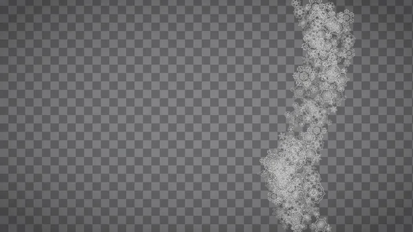 Изолированные Снежинки Прозрачном Сером Фоне Серебряный Блестящий Снег Горизонтальный Рождественский — стоковый вектор