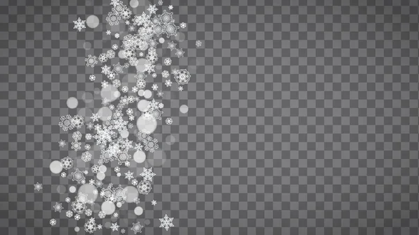 暴雪覆盖在透明的灰色背景上 冬季销售 圣诞新年派对请帖设计 横幅销售 横向冬季窗户 魔法雪片 银制暴风雪片 — 图库矢量图片