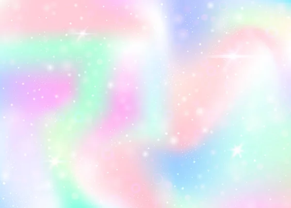虹のメッシュと妖精の背景 プリンセスカラーの多色宇宙バナー ホログラムでファンタジーグラデーションの背景 魔法の輝きとホログラフィック妖精の背景 星とぼかし — ストックベクタ