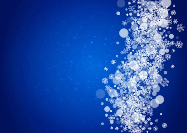 キラキラと青の背景に白い雪片とクリスマスの境界線 季節の販売 バナー 招待状 小売オファーのための水平メリークリスマスの国境 雪が降ってる 霜の多い冬の背景 — ストックベクタ