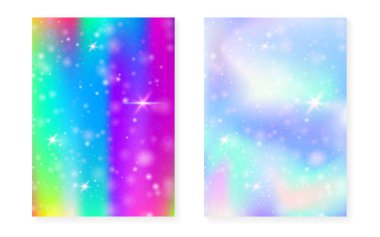 Kawaii arka planında gökkuşağı prensesi gradyanı var. Sihirli tek boynuzlu at