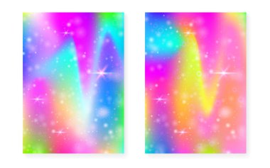 Kawaii arka planında gökkuşağı prensesi gradyanı var. Sihirli tek boynuzlu at