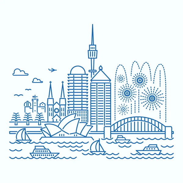 Sydney (Australien) Skyline Waterfront Ansicht. flacher Stil. — Stockvektor