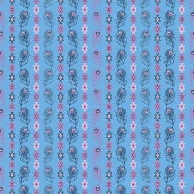 Tavus kuşu tüyleri ile etnik boho dikişsiz desen. Yazdırma. Arka planı tekrarlıyorum. Kumaş tasarımı, duvar kağıdı.