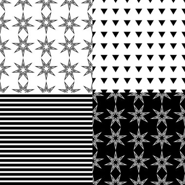 Dekoratif yıldız ile 4 dikişsiz vektör arka plan kümesi. Yazdırma. Kumaş tasarımı, duvar kağıdı.