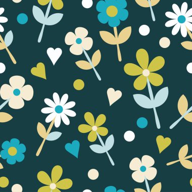 Dekoratif çiçekler ve polka noktaları ile Dikişsiz desen. Yazdırma. Kumaş tasarımı, duvar kağıdı.