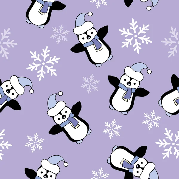 Süs kar taneleri ve penguenler ile sorunsuz Noel vektör arka plan. Yazdırın. Kumaş tasarımı, duvar kağıdı.