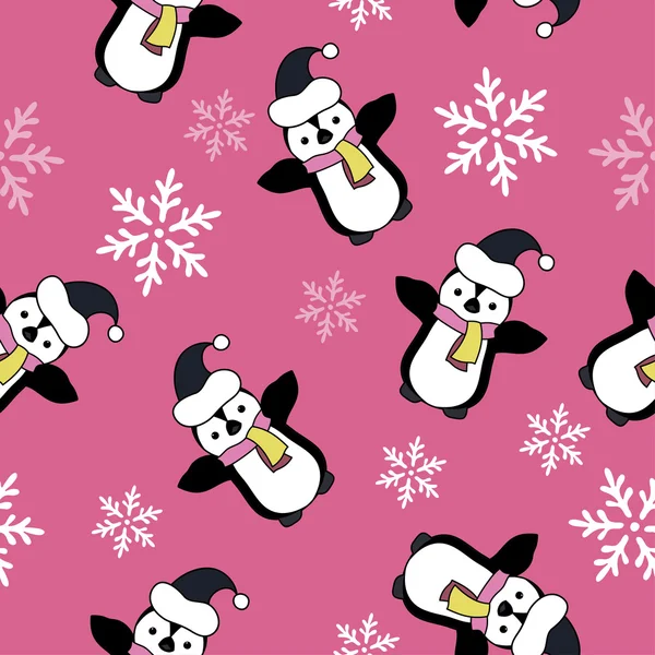 Nahtloser weihnachtlicher Vektorhintergrund mit dekorativen Schneeflocken und Pinguinen. Druck. Stoffdesign, Tapete. — Stockvektor