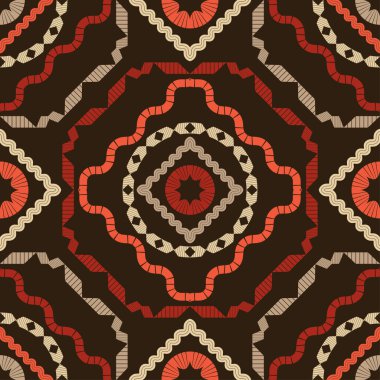 Geometrik şekilli mozaik. Kusursuz desen. Elle kumandalı tasarım. Tekstil. Etnik boho süsü. Web tasarımı veya yazdırma için vektör illüstrasyonu.