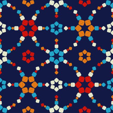 Geometrik şekilli mozaik. Kusursuz desen. Elle kumandalı tasarım. Tekstil. Etnik boho süsü. Web tasarımı veya yazdırma için vektör illüstrasyonu.