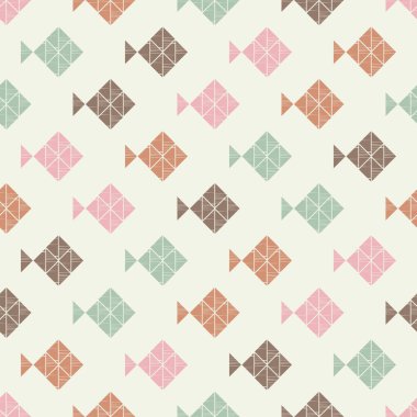 Denizde yüzen üçgenlerden dekoratif balıklar. Kusursuz desen. Güzel karikatürler. Web tasarımı veya yazdırma için vektör illüstrasyonu.