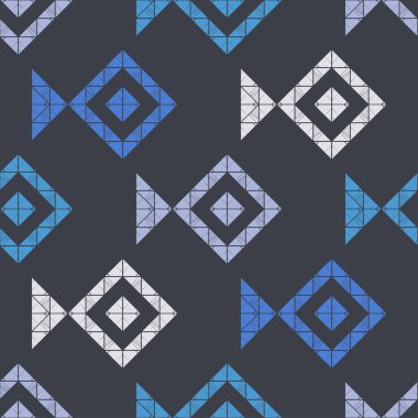 Denizde yüzen üçgenlerden dekoratif balıklar. Kusursuz desen. Güzel karikatürler. Web tasarımı veya yazdırma için vektör illüstrasyonu.