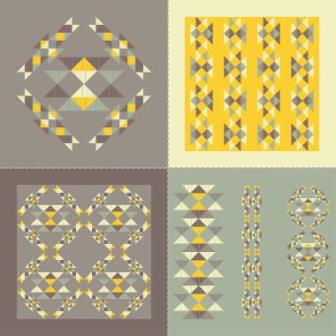 Bir takım pürüzsüz desenler, çizgiler ve süsler. Aztek elementleri. Elle kumandalı tasarım. Tekstil. Etnik boho süsü. Web tasarımı veya yazdırma için vektör illüstrasyonu.