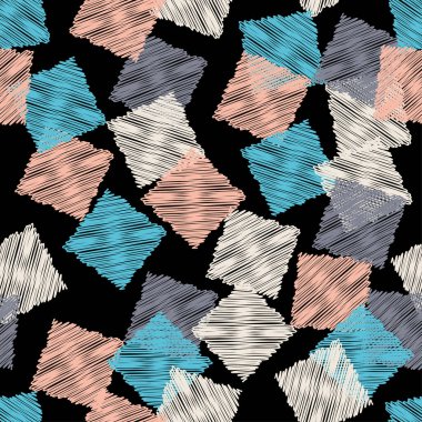 Geometrik şekilli mozaik. Kusursuz desen. Elle kumandalı tasarım. Tekstil. Etnik boho süsü. Web tasarımı veya yazdırma için vektör illüstrasyonu.