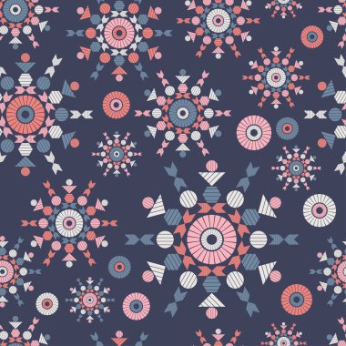 Noel dekoratif kar taneleri. Kusursuz bir geçmişi var. Norveç tasarımı. Geometrik şekil. Boho tarzı. Web tasarımı veya yazdırma için vektör illüstrasyonu.