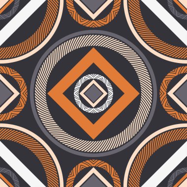 Geometrik şekilli mozaik. Kusursuz desen. Elle kumandalı tasarım. Tekstil. Etnik boho süsü. Web tasarımı veya yazdırma için vektör illüstrasyonu.