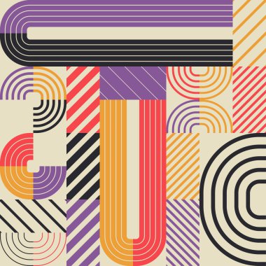 Dekoratif geometrik desenli basit bir afiş. Memphis. Kare modüller. Renk kompozisyonu. Kusursuz bir geçmişi var. Web tasarımı veya yazdırma için vektör illüstrasyonu.