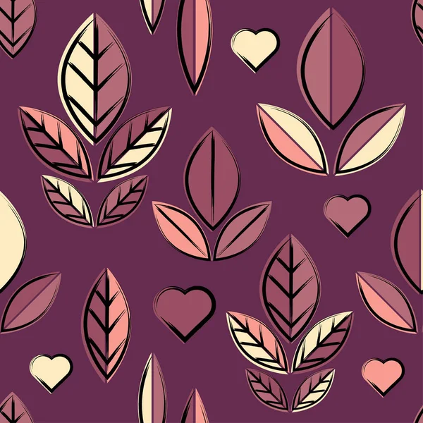 Blätter Und Herzen Tusche Gezeichnet Valentinstag Nahtloser Hintergrund Grußkarte Vorhanden — Stockvektor