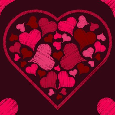 Dekoratif kalpleri olan kusursuz bir geçmişi var. Sevgililer Günü. Elle kumandalı tasarım. Kumaş üzerine nakış. Boho dokusu. Web tasarımı veya yazdırma için vektör illüstrasyonu.