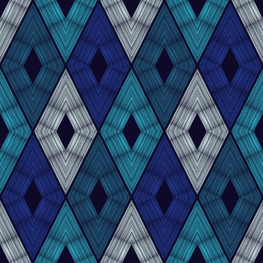 Rhombus. Kumaş üzerine nakış. Boho dokusu. Kusursuz desen. Elle kumandalı tasarım. Tekstil. Web tasarımı veya yazdırma için vektör illüstrasyonu.