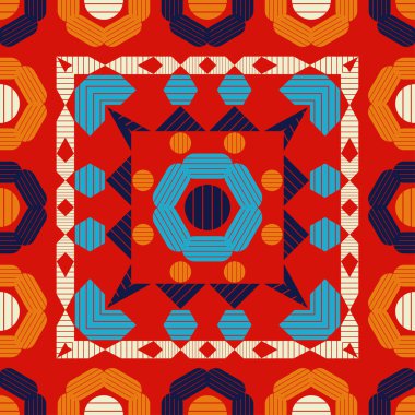 Geometrik şekilli mozaik. Kusursuz desen. Elle kumandalı tasarım. Tekstil. Etnik boho süsü. Web tasarımı veya yazdırma için vektör illüstrasyonu.