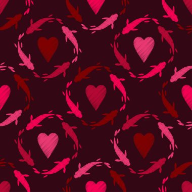 Kalpli ve balıklı kusursuz desen. Sevgililer Günü. Kumaş üzerine nakış. Boho dokusu. Web tasarımı veya yazdırma için vektör illüstrasyonu.