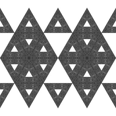 Zebra çizgili tasarım. Üçgenler. Siyah ve beyaz. Etnik boho süsü. Kusursuz bir geçmişi var. Kabile motifi. Web tasarımı veya yazdırma için vektör illüstrasyonu.