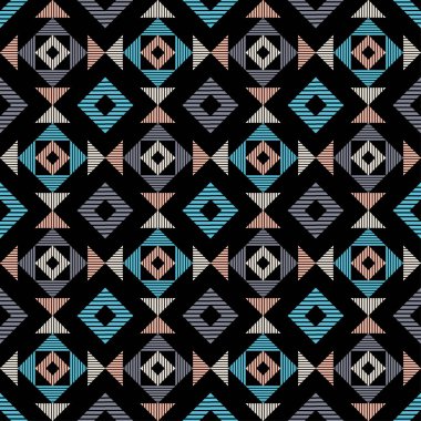 Çizgili. Geleneksel halk geometrik desenli Navajo mozaik halısı. Kızılderili Kızılderili battaniyesi. Aztek elementleri. Maya süsü. Kusursuz bir geçmişi var. Web tasarımı veya yazdırma için vektör illüstrasyonu.