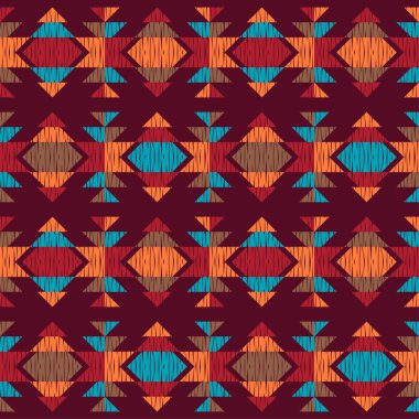 Geleneksel halk geometrik desenli Navajo mozaik halısı. Kızılderili Kızılderili battaniyesi. Aztek elementleri. Maya süsü. Kusursuz bir geçmişi var. Web tasarımı veya yazdırma için vektör illüstrasyonu.