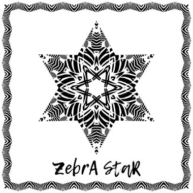 Zebra çizgili tasarım. Kartpostal Siyah ve beyaz. Etnik boho süsü. Kabile motifi. Web tasarımı veya yazdırma için vektör illüstrasyonu.