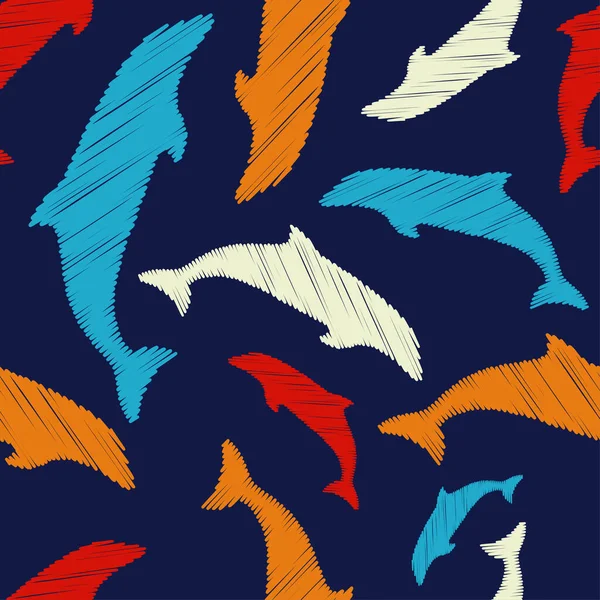 Dekorativní Vyšívaní Delfíni Plavou Moři Oceánu Bezproblémový Vzorec Mořský Život — Stockový vektor
