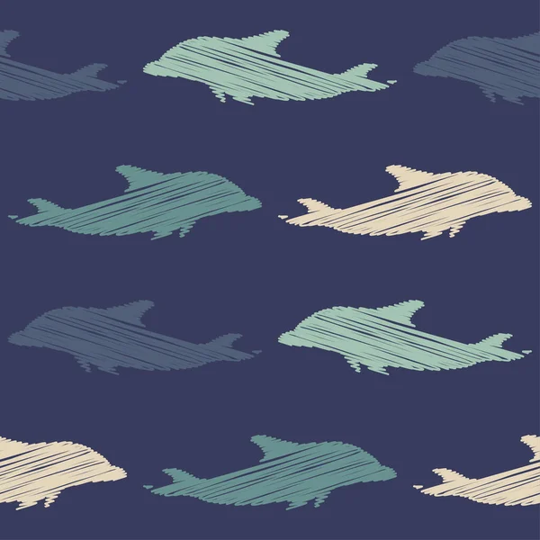 Декоративные Вышитые Дельфины Плавают Море Океане Бесшовный Шаблон Морская Жизнь — стоковый вектор