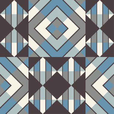 Geometrik şekilli mozaik. Kusursuz desen. Elle kumandalı tasarım. Tekstil. Etnik boho süsü. Web tasarımı veya yazdırma için vektör illüstrasyonu.