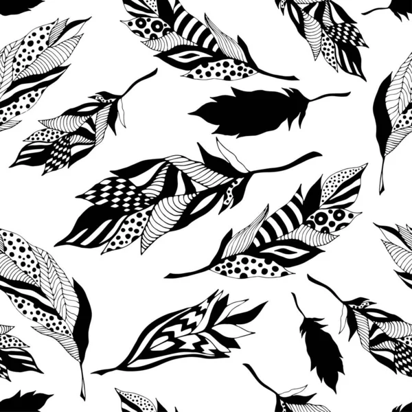 Schwarz Bemalte Zierfedern Auf Weißem Hintergrund Nahtloses Muster Kreative Illustration — Stockvektor