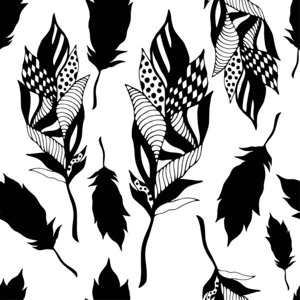 Schwarz Bemalte Zierfedern Auf Weißem Hintergrund Nahtloses Muster Kreative Illustration lizenzfreie Stockillustrationen