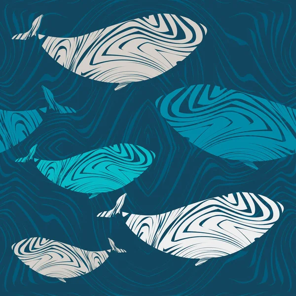 Peces Decorativos Con Textura Garabato Nadan Mar Las Olas Fondo — Vector de stock