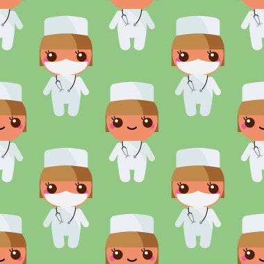 Doktor kadın Kawaii. Düz dizayn. Güzel karikatür. Kusursuz desen. Web tasarımı veya yazdırma için vektör illüstrasyonu.